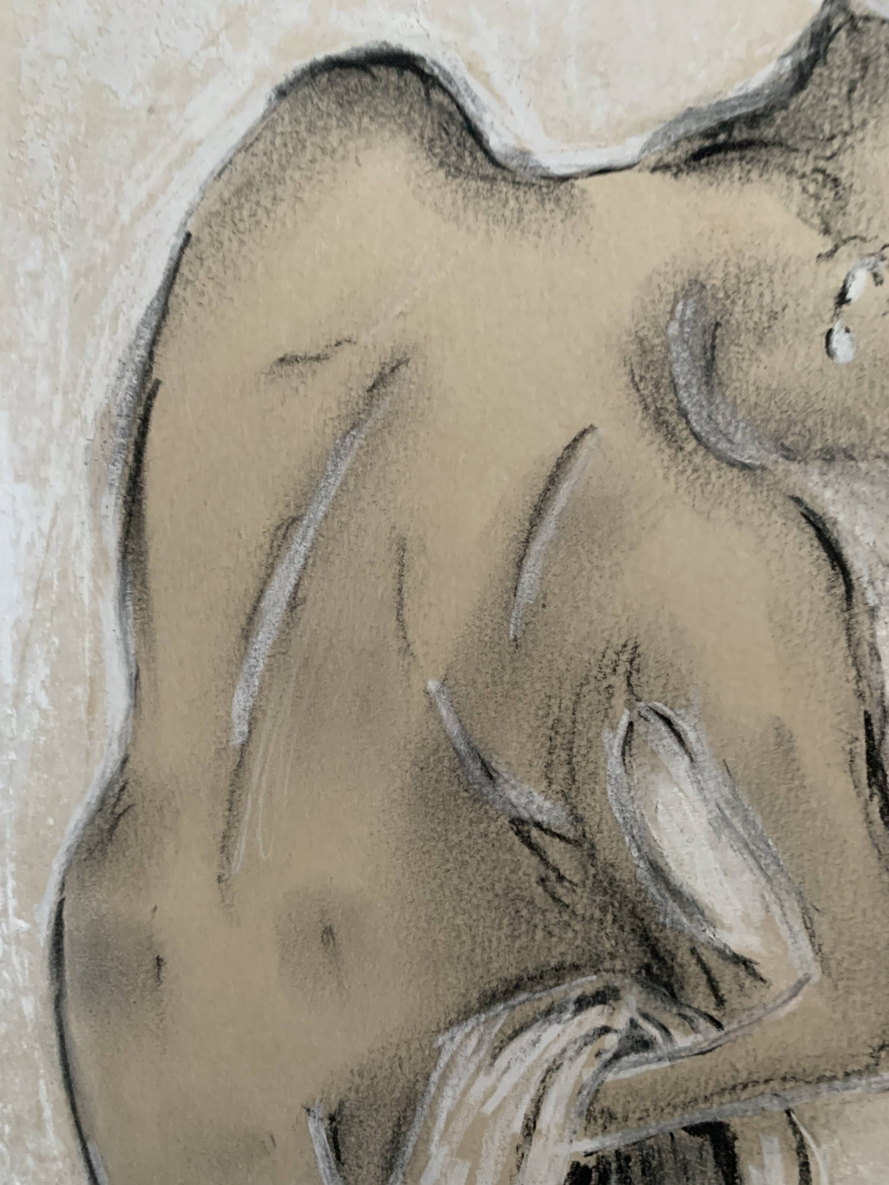 Signed charcoal pastel white portrait of a woman "the white towel"