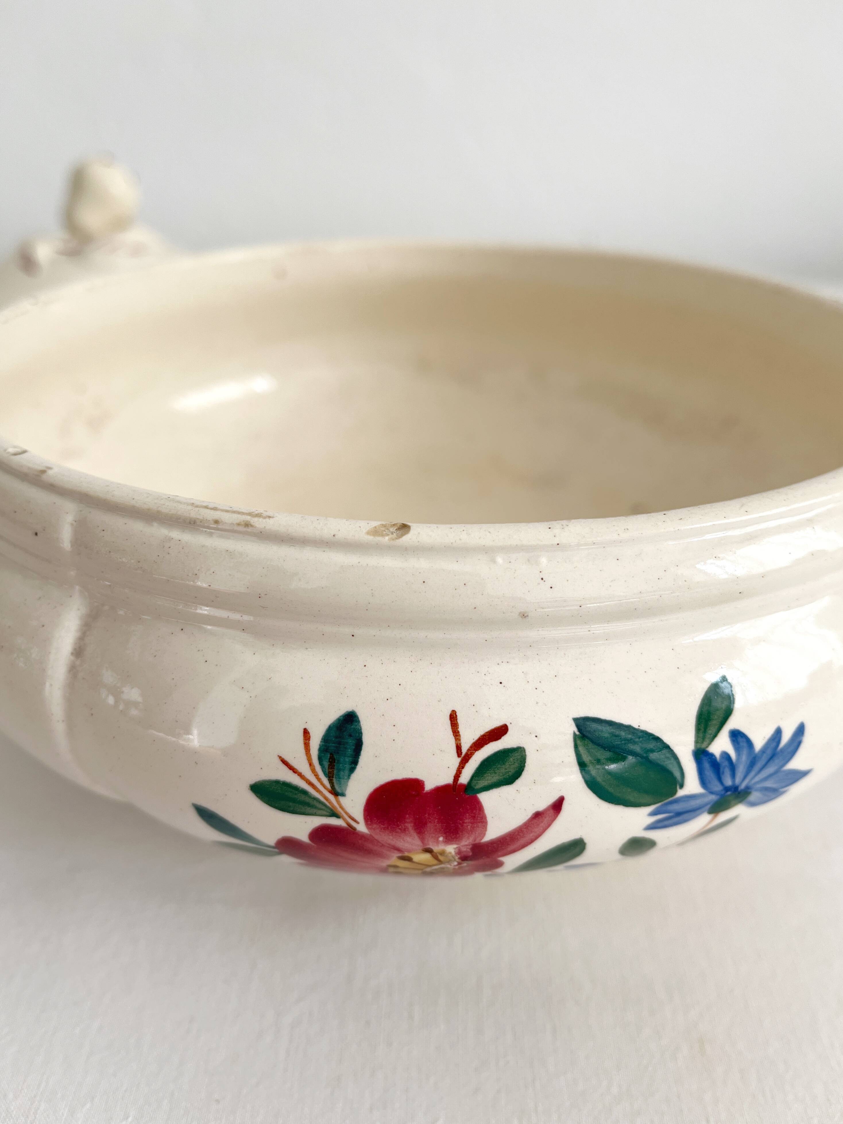 Small vintage ivory earthenware tureen with flowers, Digoin Sarreguemines