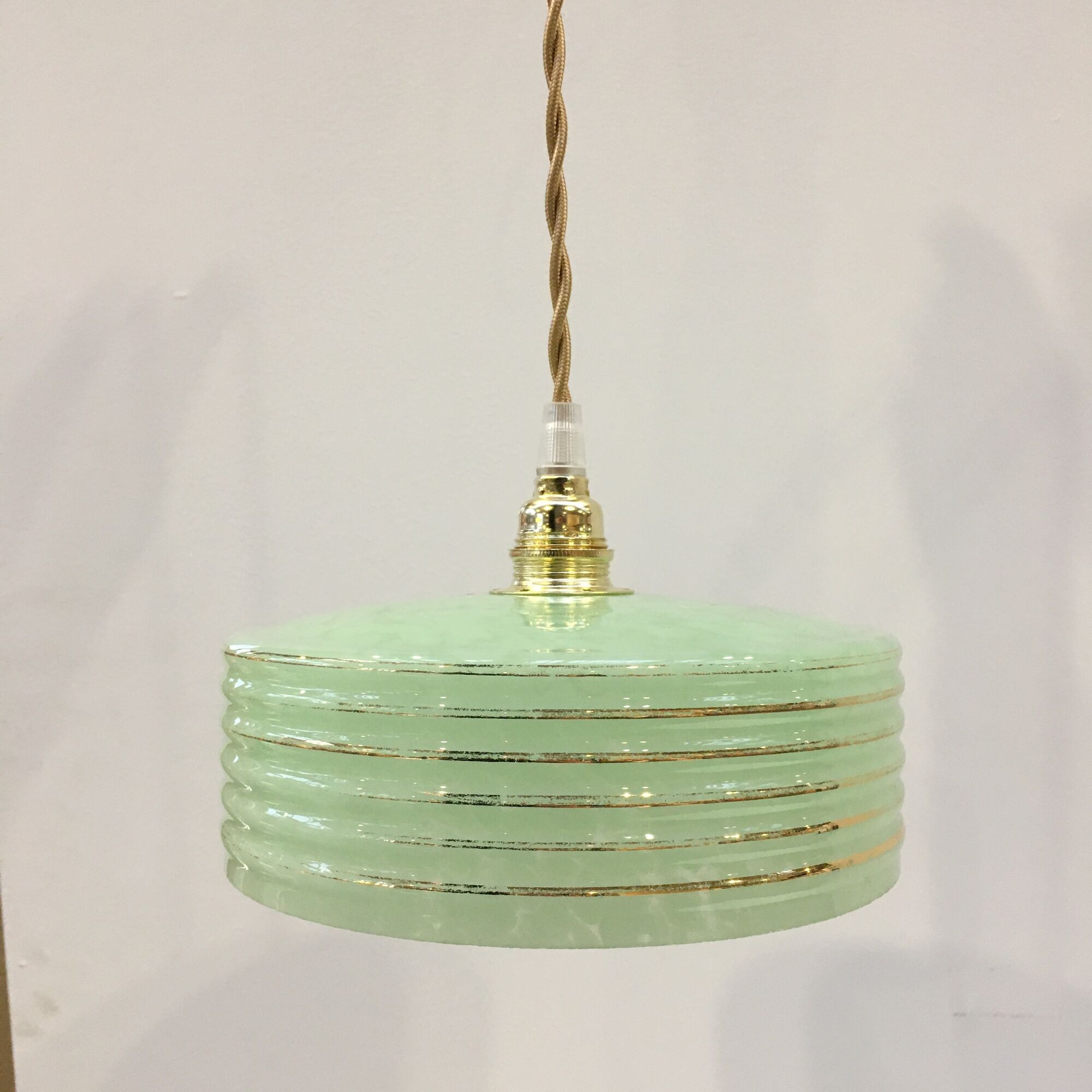 Pair of Art Deco pendant lamps in green Clichy glass