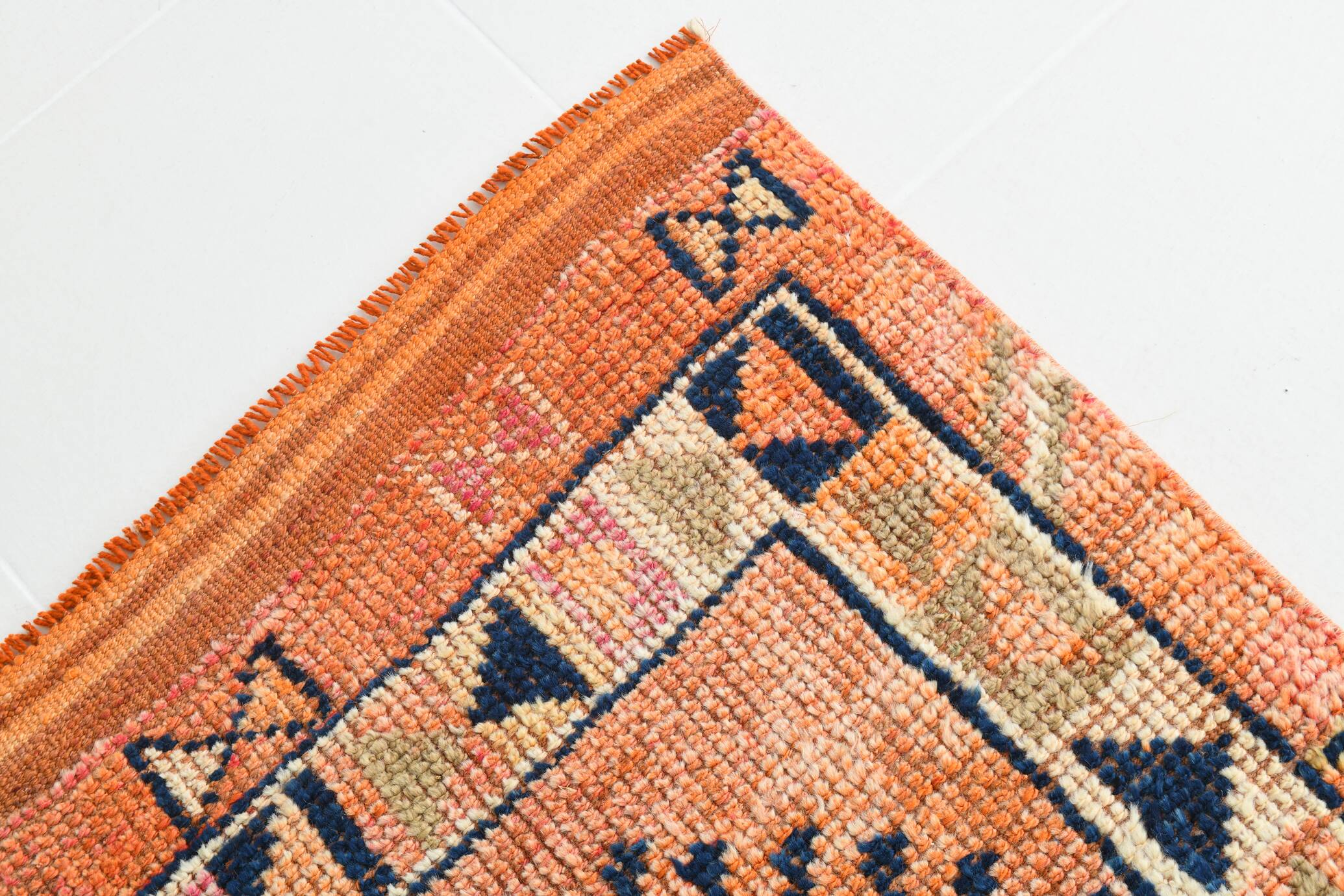 Navy Blue & Orange Vintage Runner Rug, 79x395Cm