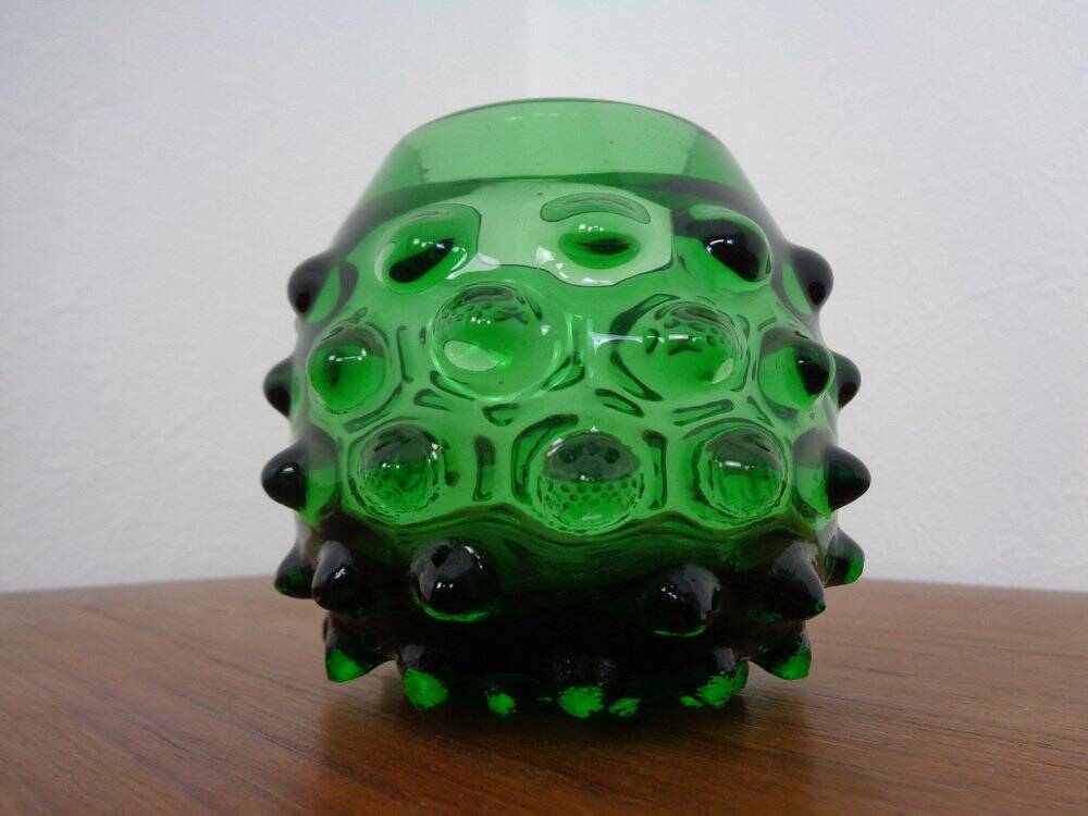 Italian green bubble glass vases and bowl by Empoli, set of 3, 1960s.
