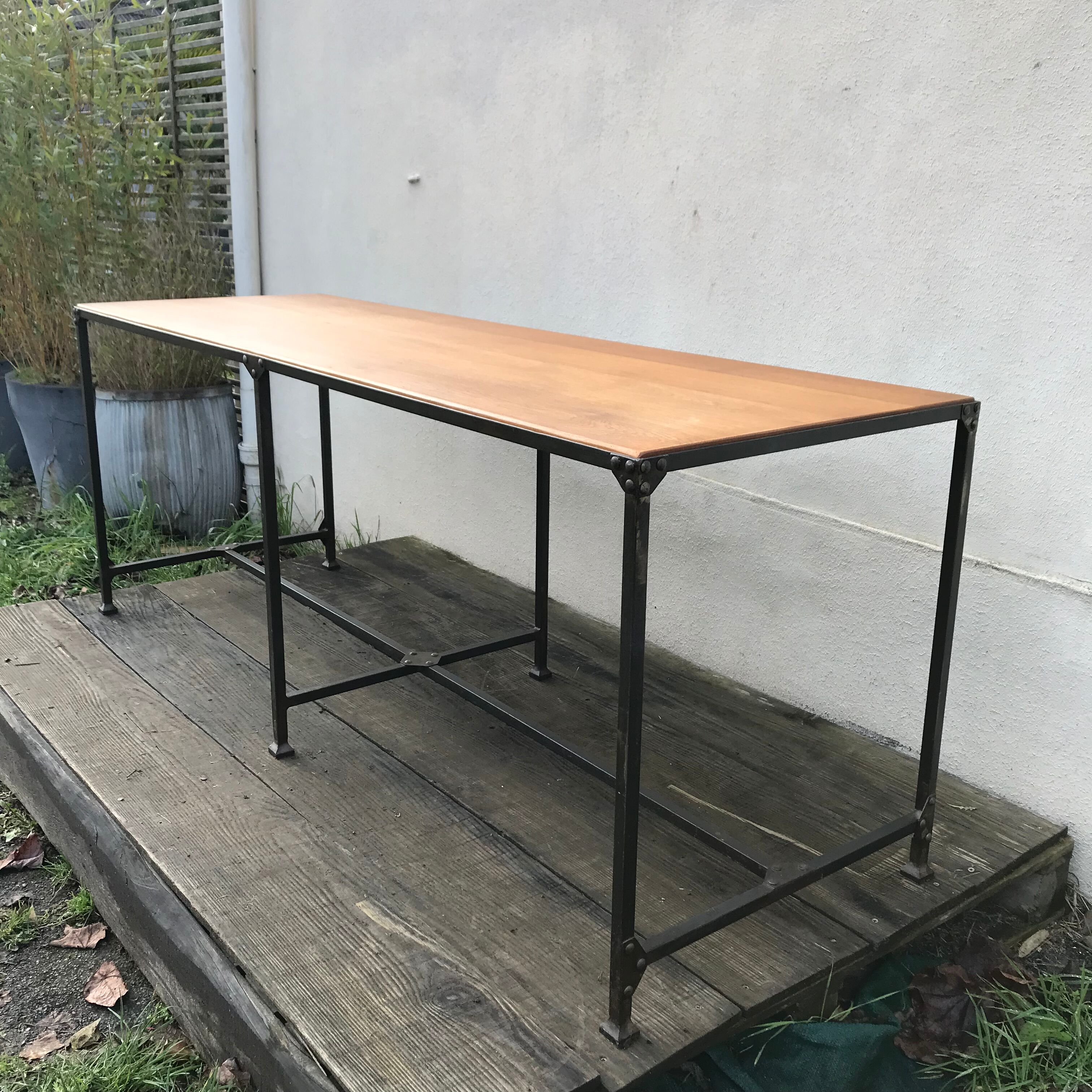 Vintage steel workshop table and oak top