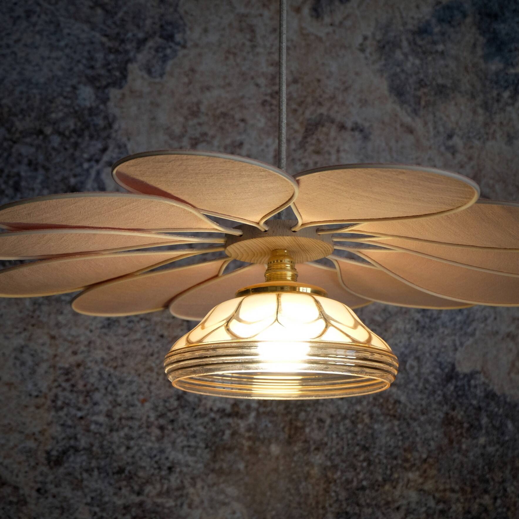 Pink Rattan and Linen Flower Pendant Light and Vintage Pink Translucent Globe