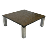 Vintage Square coffee table with slat stone top and chromed steel base - 1960s
