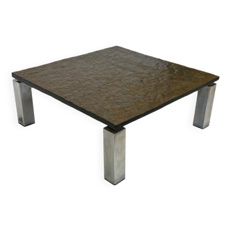 Table basse carrée plateau en pierre et piètement en acier chromé - années 60