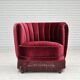 Fauteuil danois des années 1970, état d'origine, tissu velours rouge cerise.