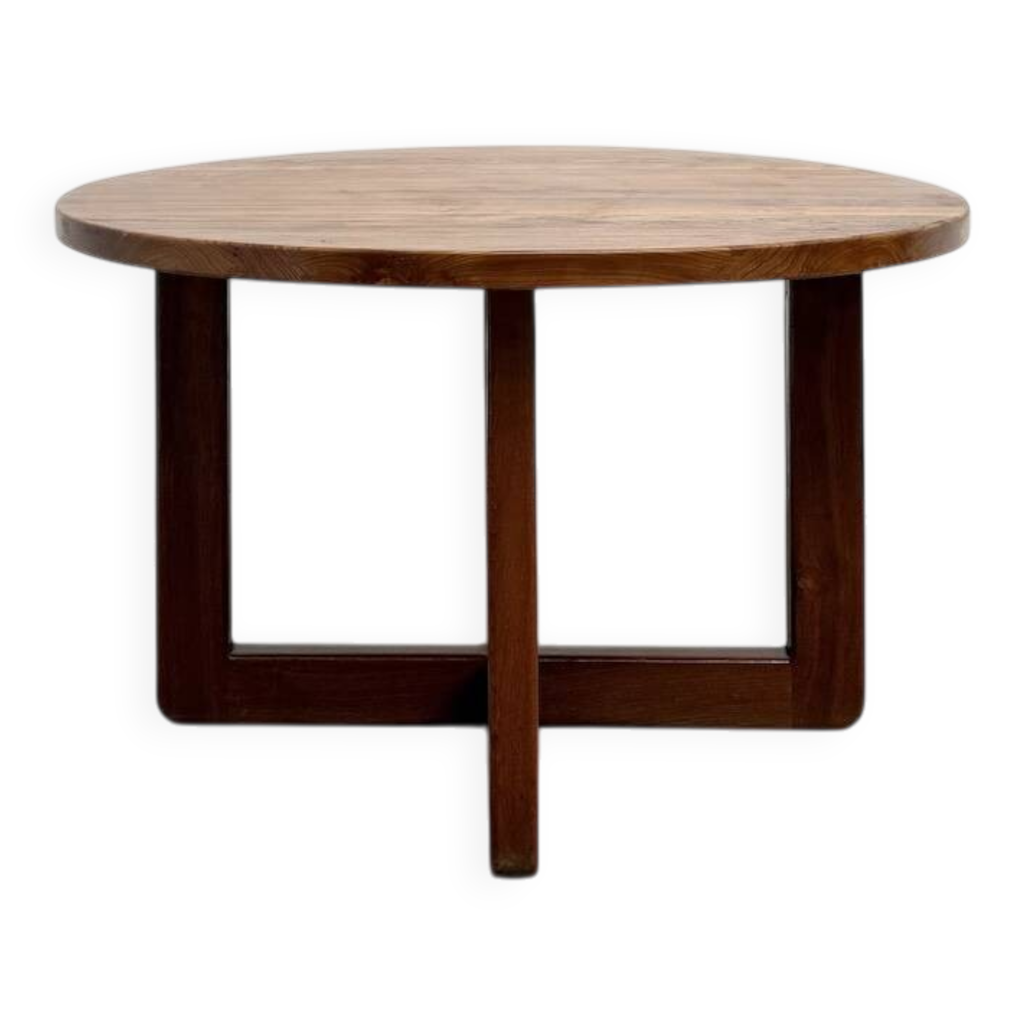 Modernist round table in solid elm, crossed legs.