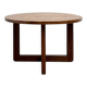 Modernist round table in solid elm, crossed legs.