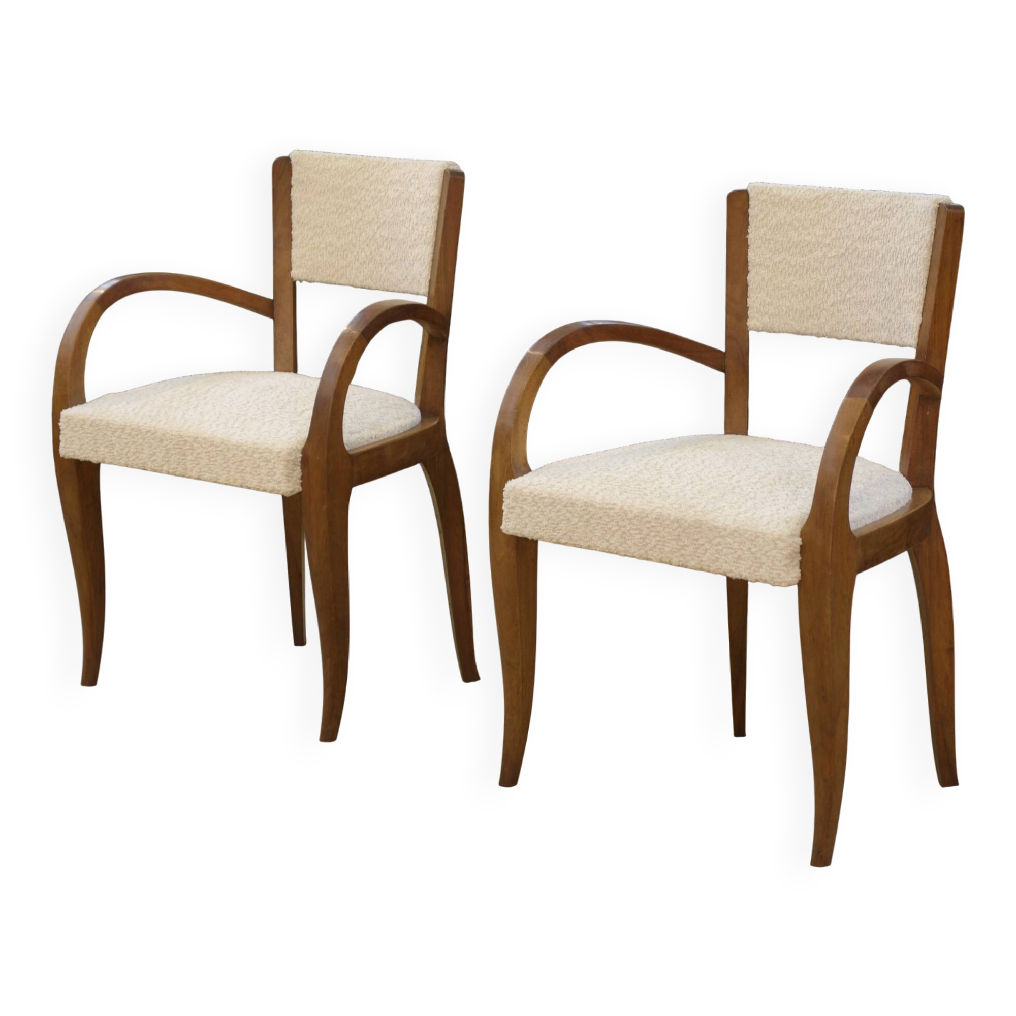 Pair of bridge armchairs in walnut and cream boucle fabric, early 20th century.