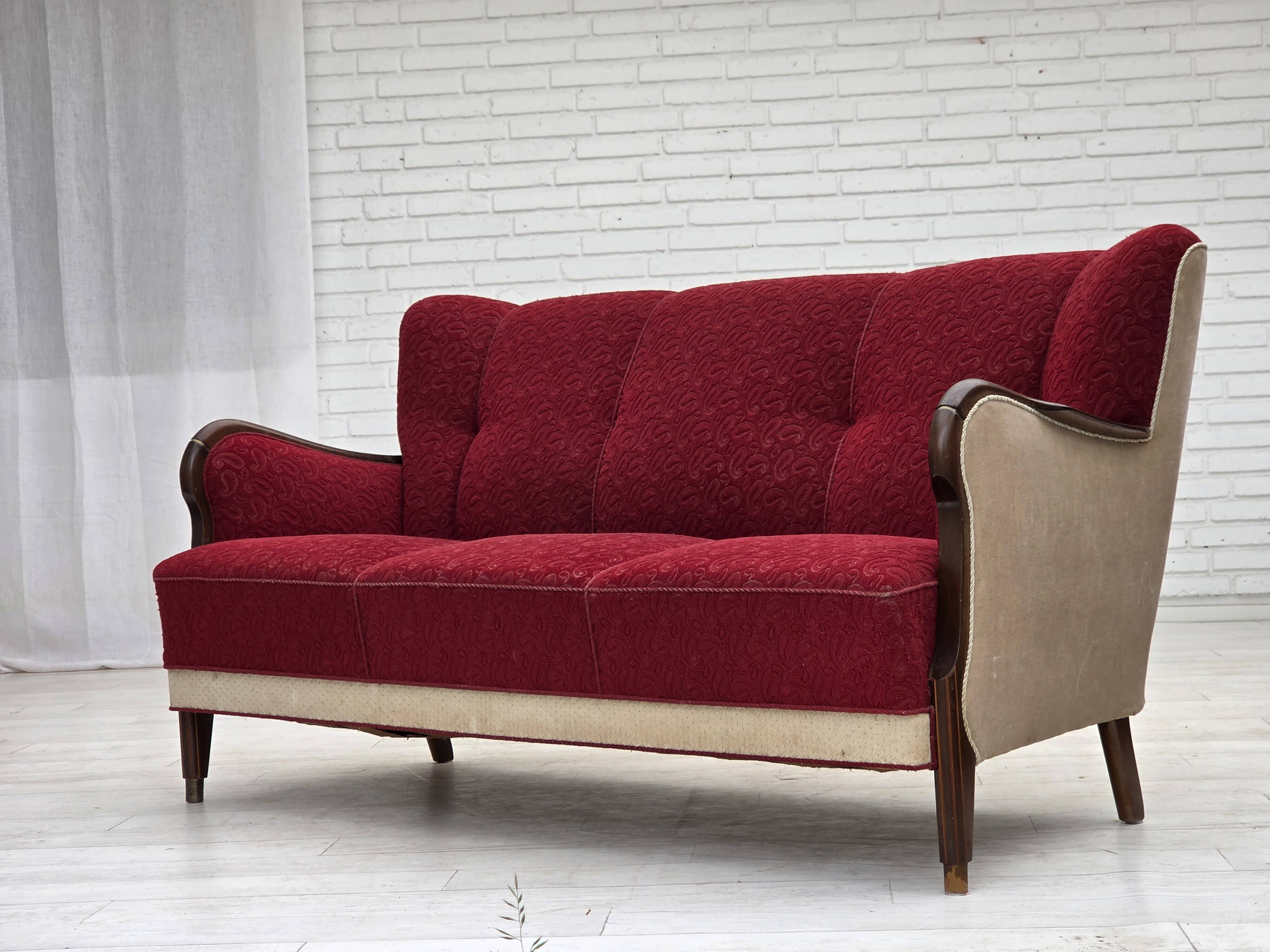 1950s, Danish 3-seater sofa, original red/beige furniture wool.