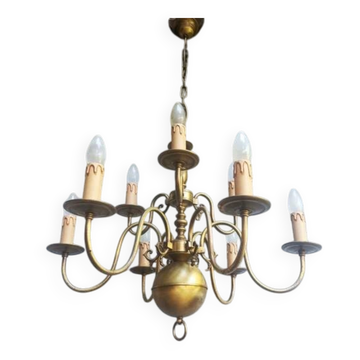 Important 9-light chandelier in Dutch style with 2 levels in brass - in working condition.