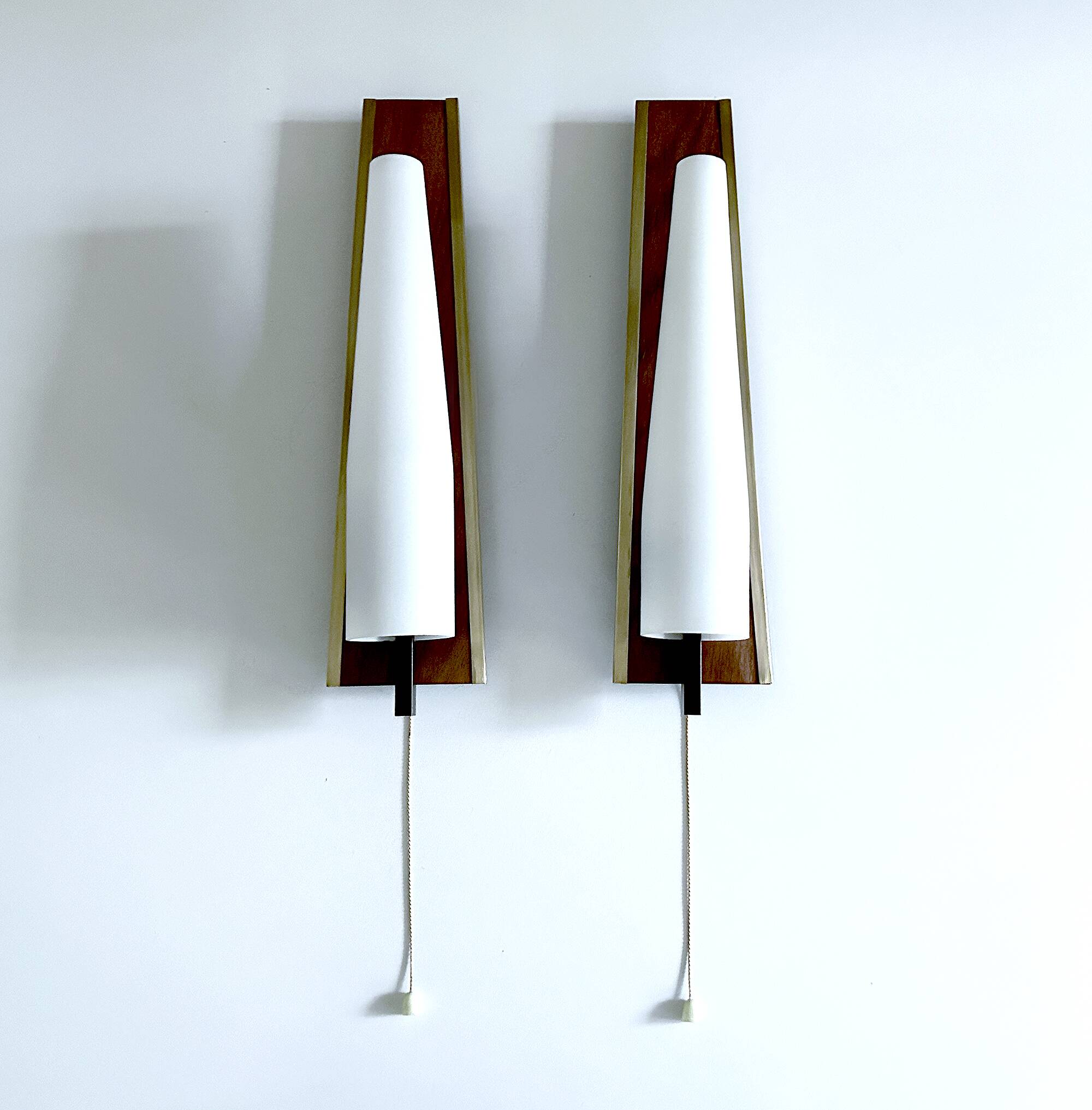 Pair of Large Scandinavian Teak Glass Wall Lights