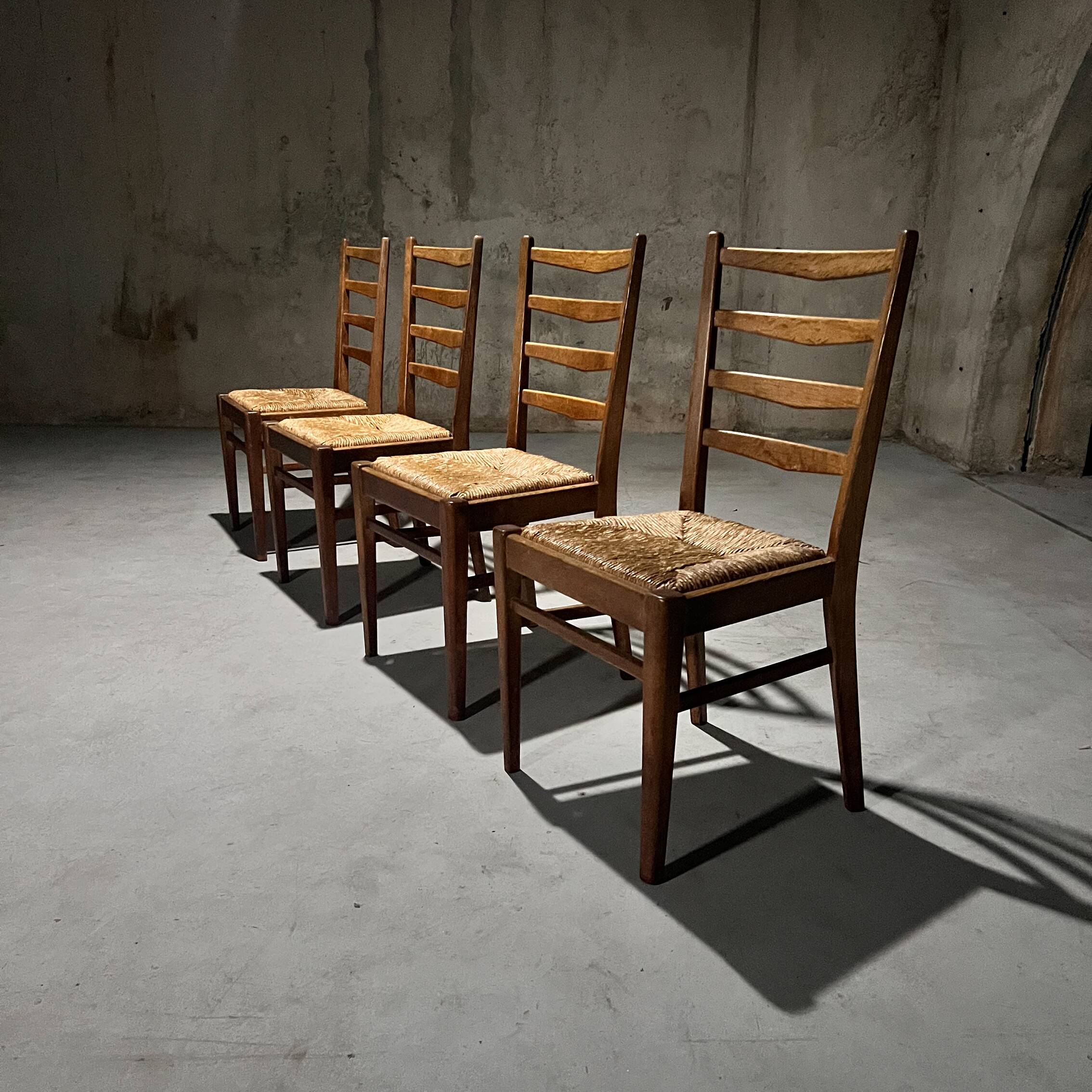 Set of 4 Dutch Oak and Rush Dining Chairs, 1950s