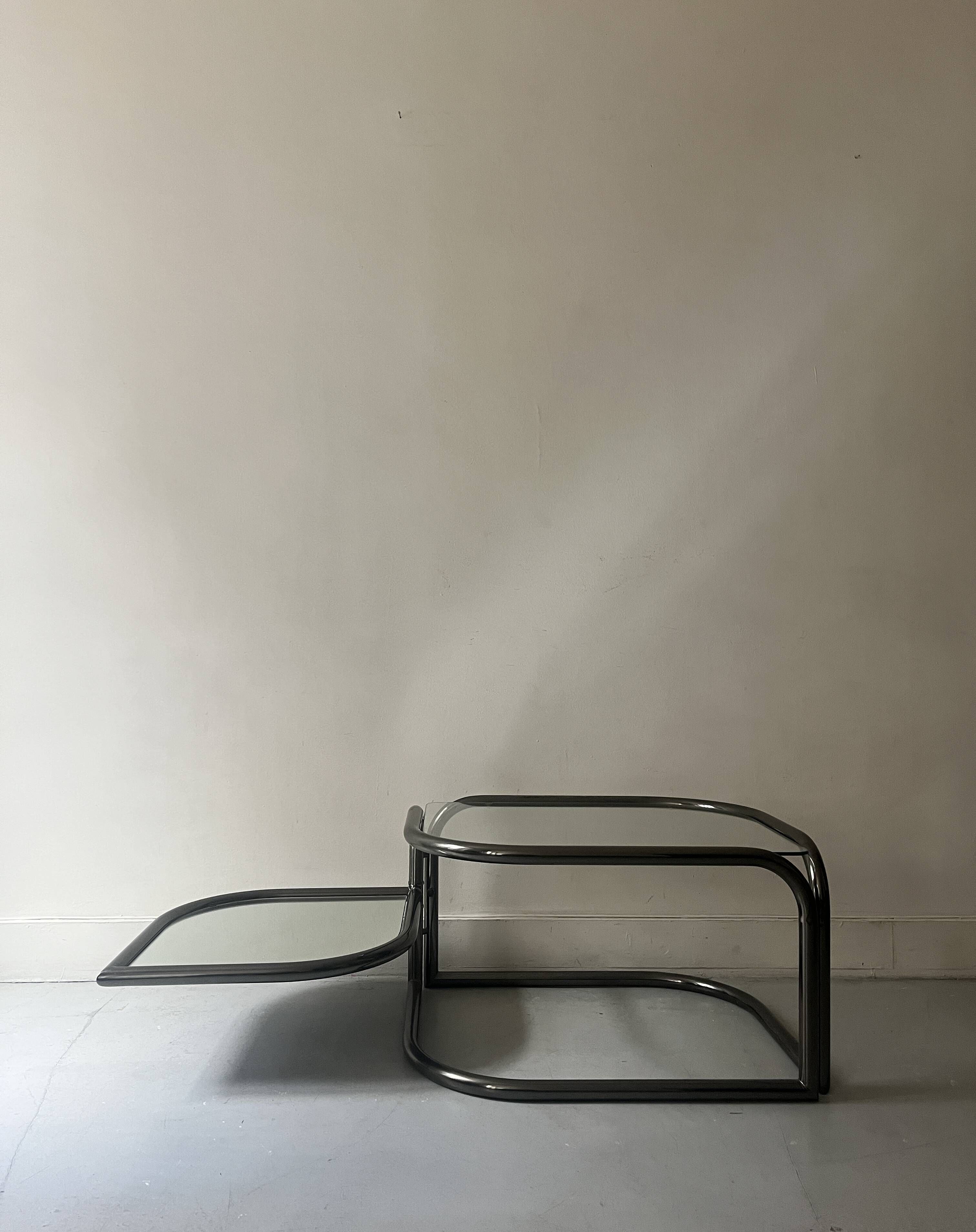 rotating coffee table drop in tubular chrome metal, glass and mirror, design 1970