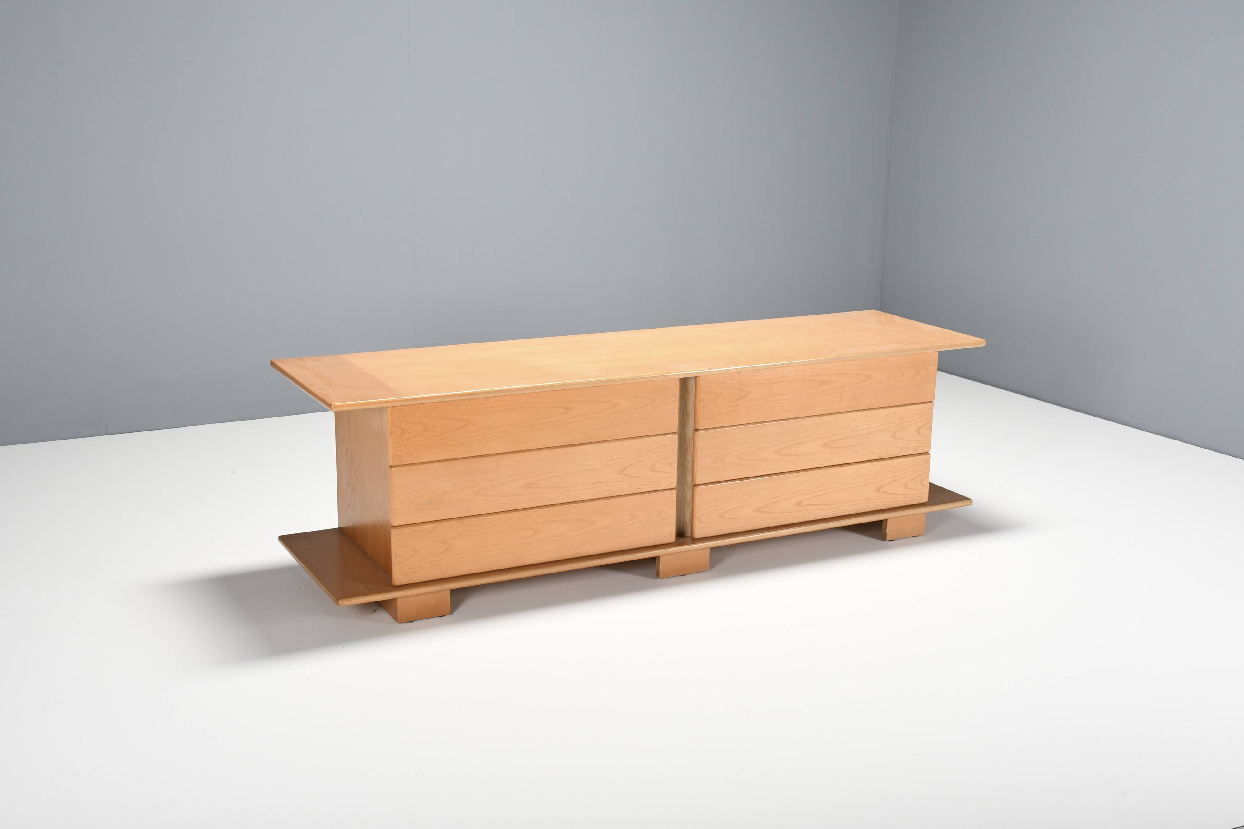 1970s Italian Sideboard in Beech Veneer with Six Drawers