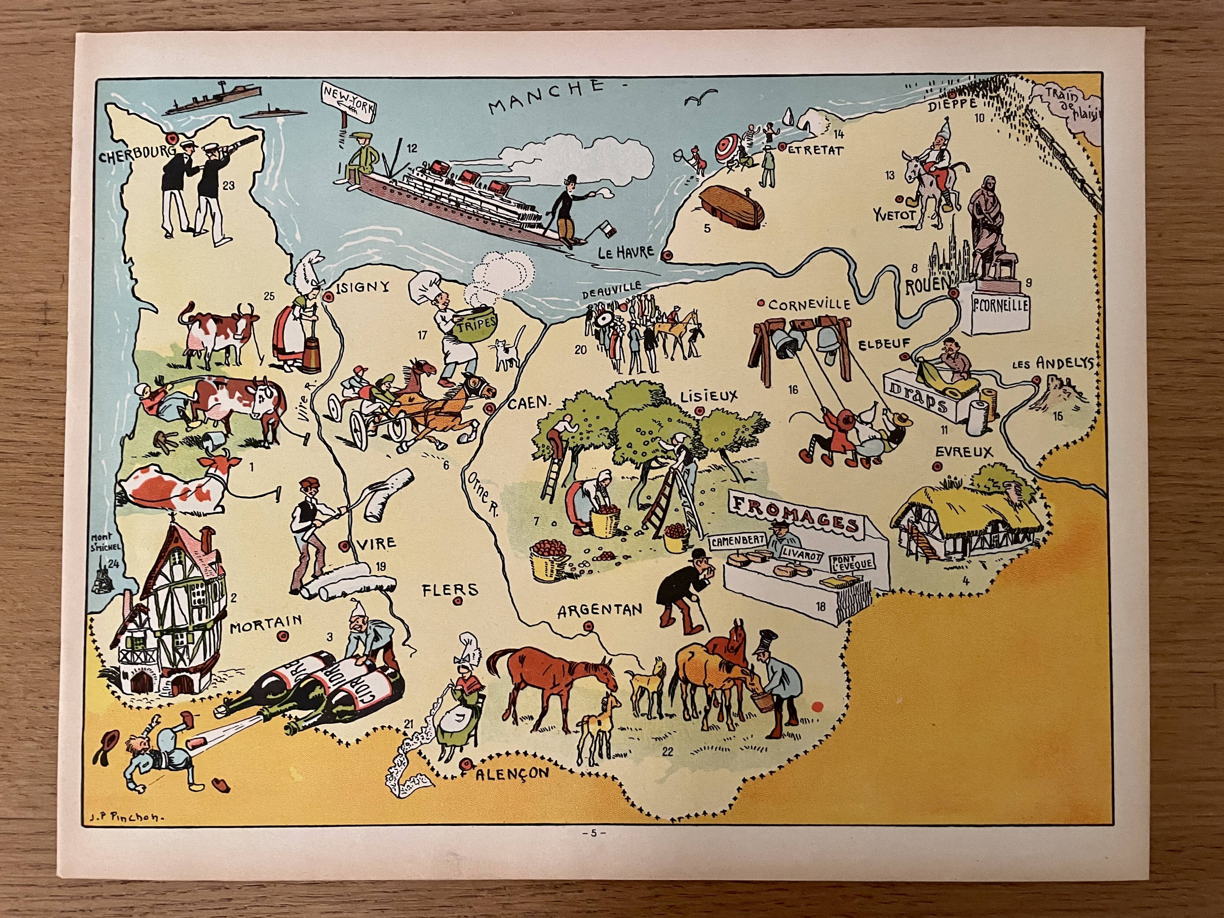 Old poster illustrated map of Normandy 1945 - JP Pinchon