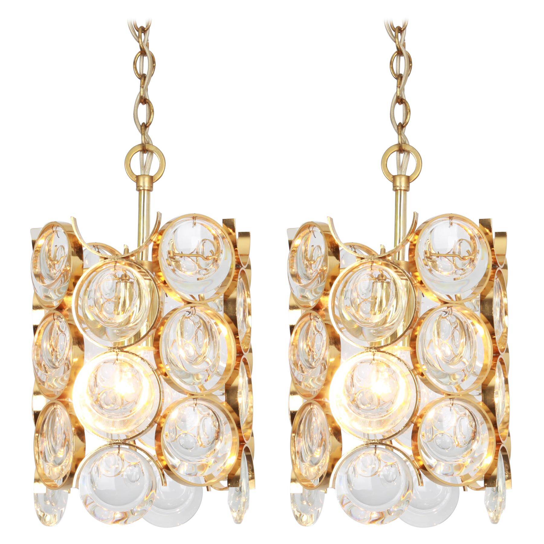 Pair of small golden brass pendants, Sciolari design for Palwa, Germany, 1970s.