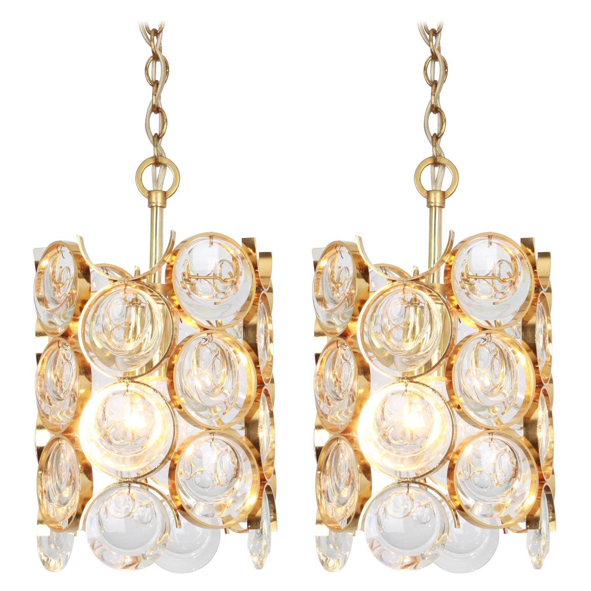 Pair of small golden brass pendants, Sciolari design for Palwa, Germany, 1970s.