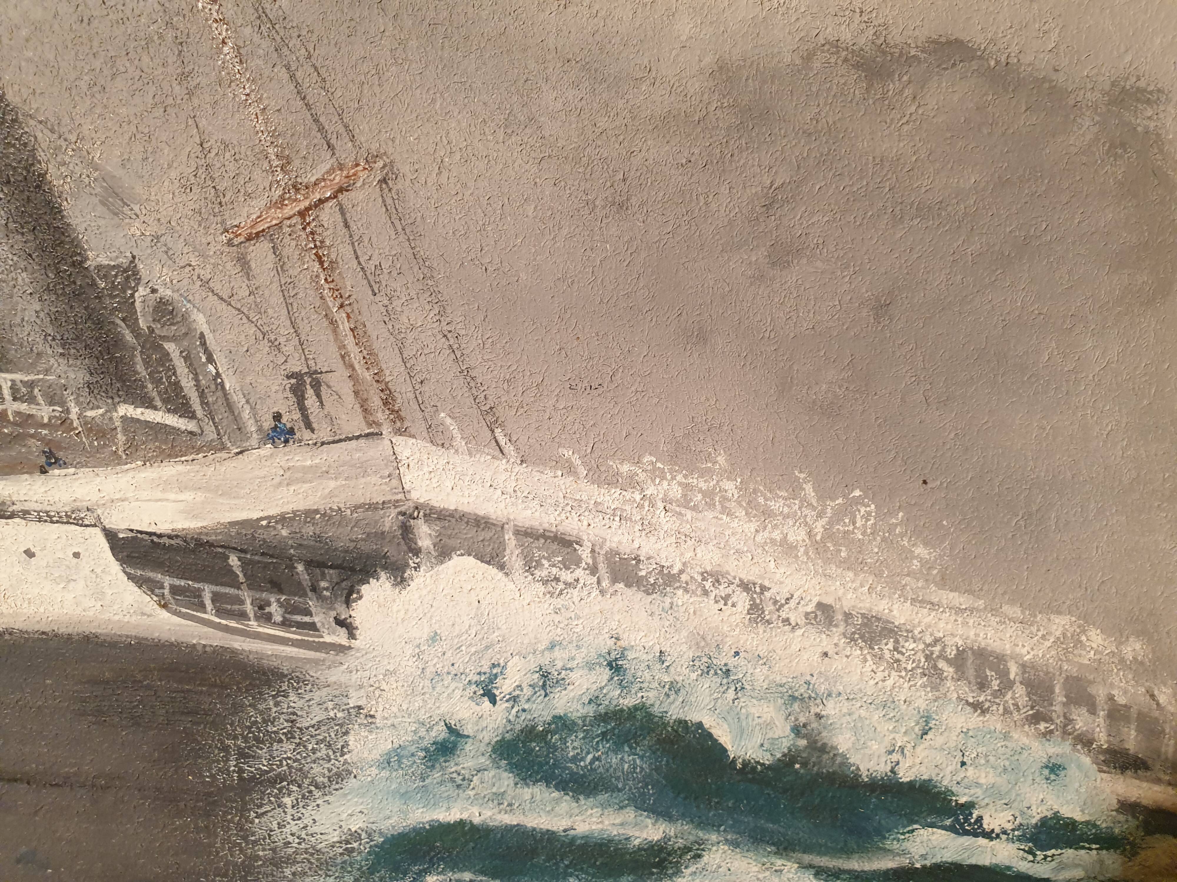 Grand tableau Huile sur isorel Paquebot Mauritania signé E Joubert