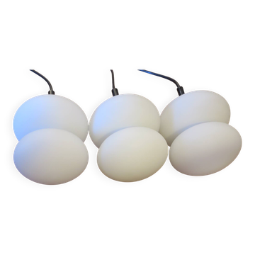 Set of 3 opal glass organically shaped pendant lights, 1960s