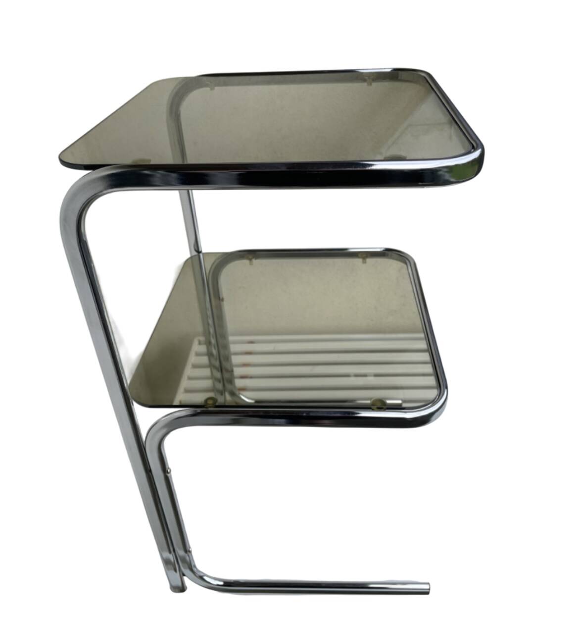Vintage 1970s side table in smoked glass and chrome.