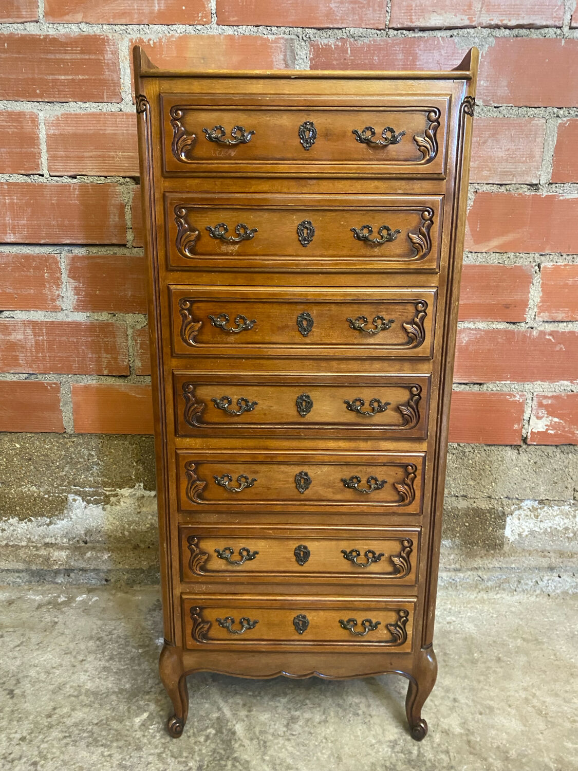 Antique louis xv style weekly chest wood 7 drawers & vintage metal handles