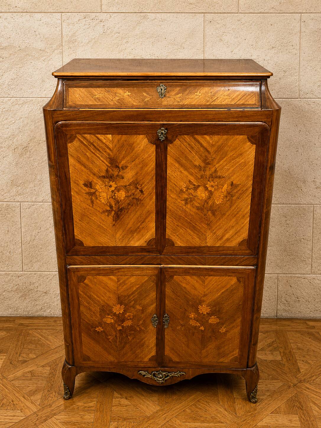 Marquetry drop-leaf secretary in Louis XV style circa 1900.