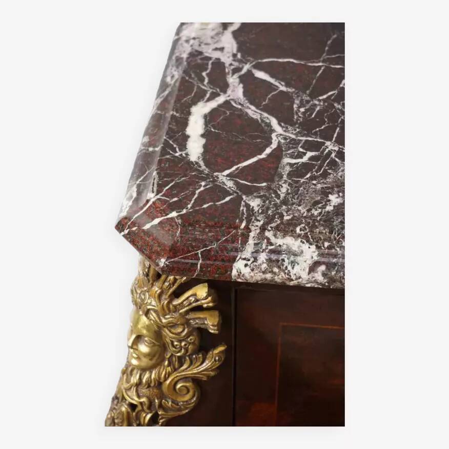 Antique chest of drawers in mahogany, Amboyna burl, red marble and bronze