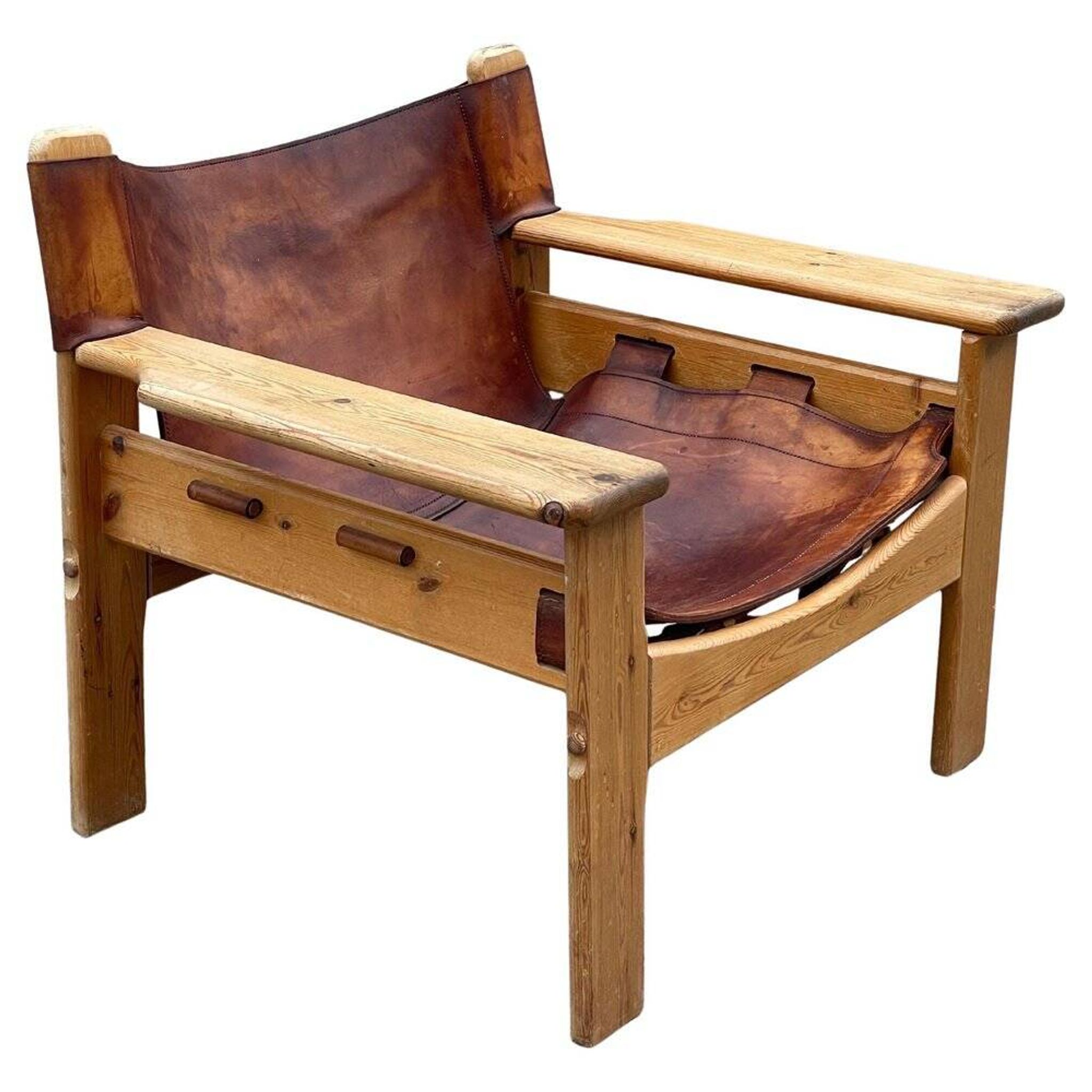 Safari chair in pine and leather, first edition attributed to Karin Mobring, 1970s