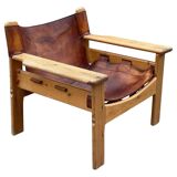 Safari chair in pine and leather, first edition attributed to Karin Mobring, 1970s