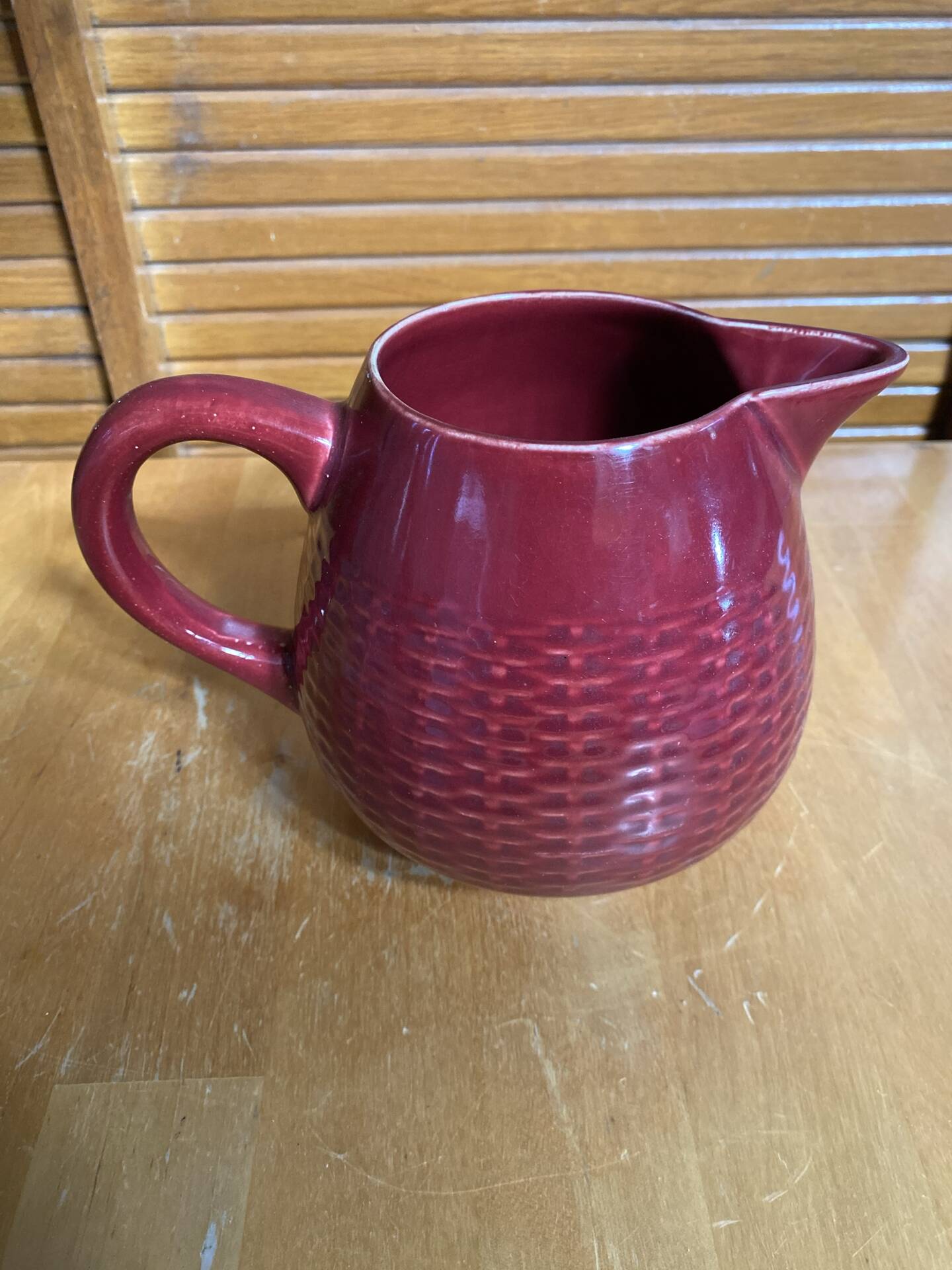 Old Red Ceramic Jug Woven Willow Style Vintage #E336