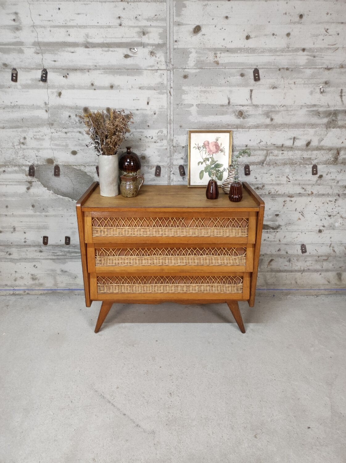 Vintage wood and rattan chest of drawers