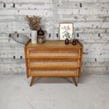 Vintage wood and rattan chest of drawers