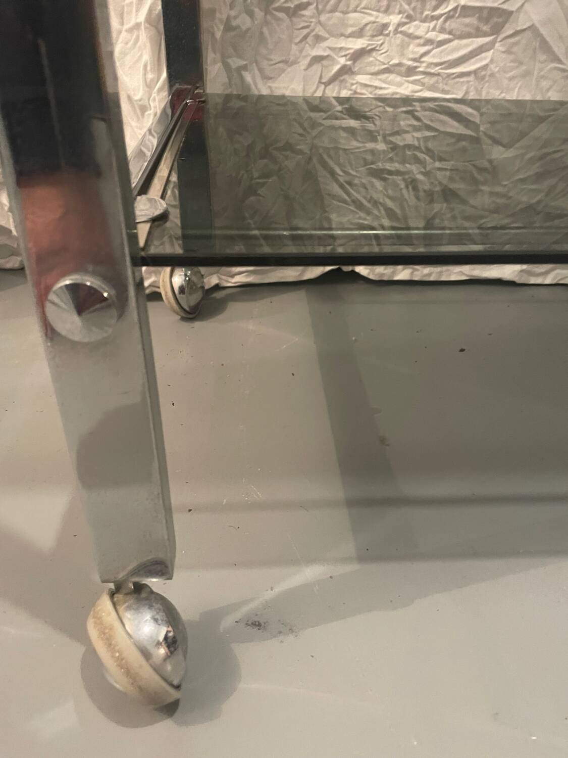 Vintage chrome serving cart/rolling table with smoked grey glass, circa 1970