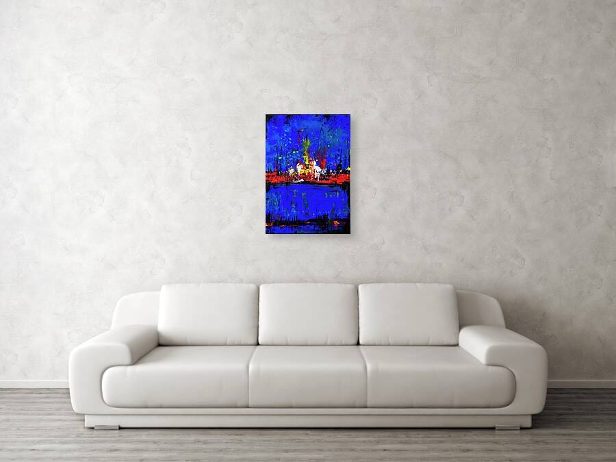 Abstract blue and red colors acrylic painting on stretched canvas