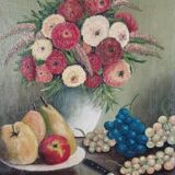 Still life flowers and fruits painting on canvas signed