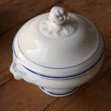 Antique Lonchamp white earthenware soup tureen with blue edging