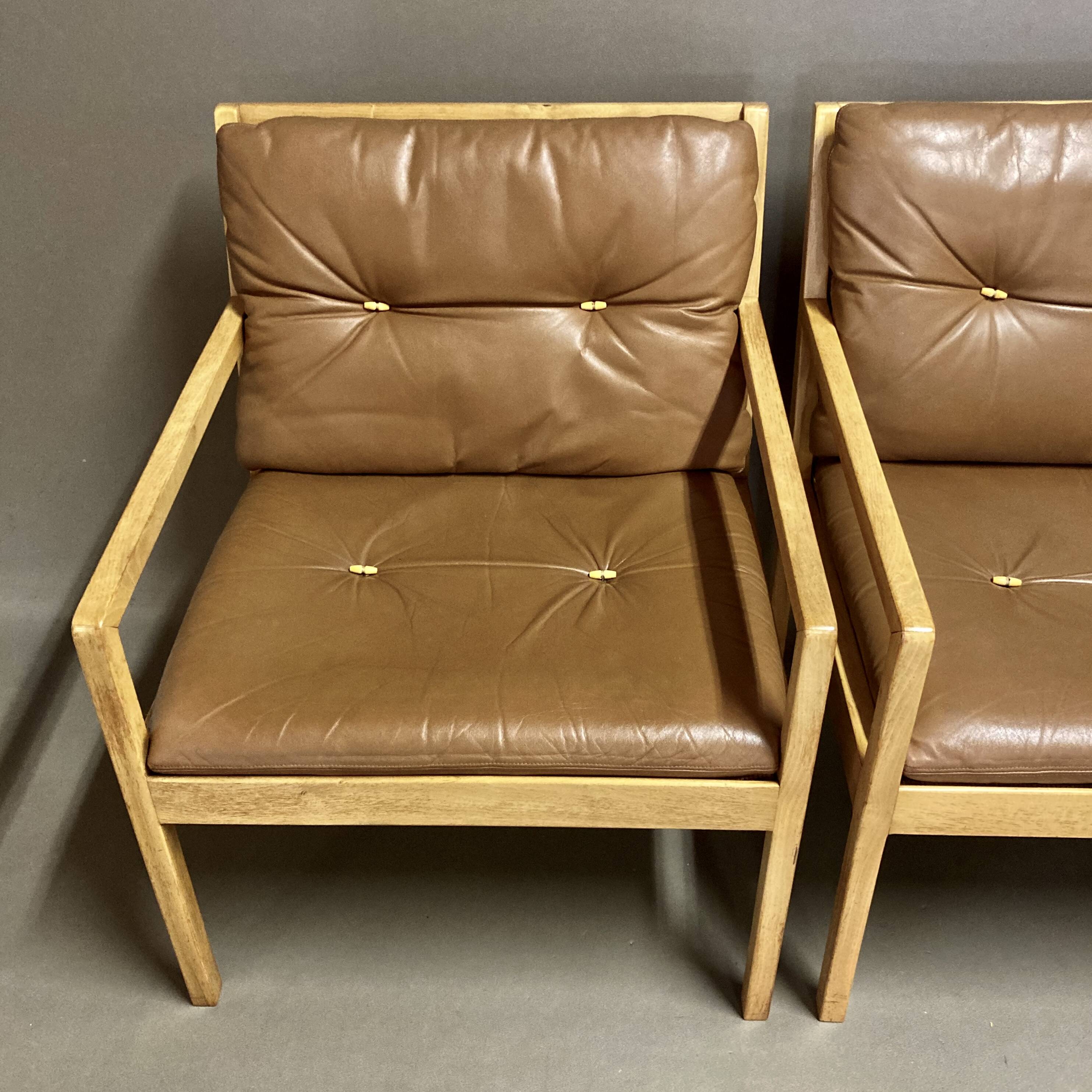 Set of three Scandinavian design leather armchairs "Bernt Petersen" 1960.