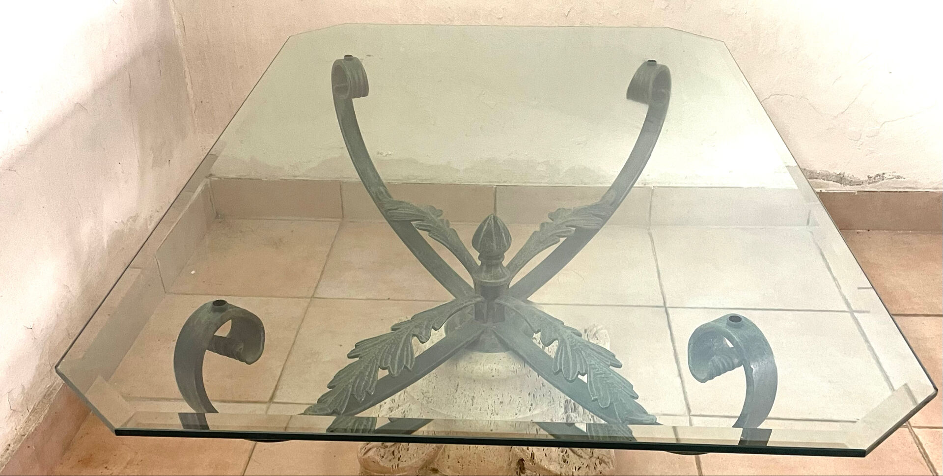 Octagonal Glass Dining Table with Travertine Base and Metal Frame