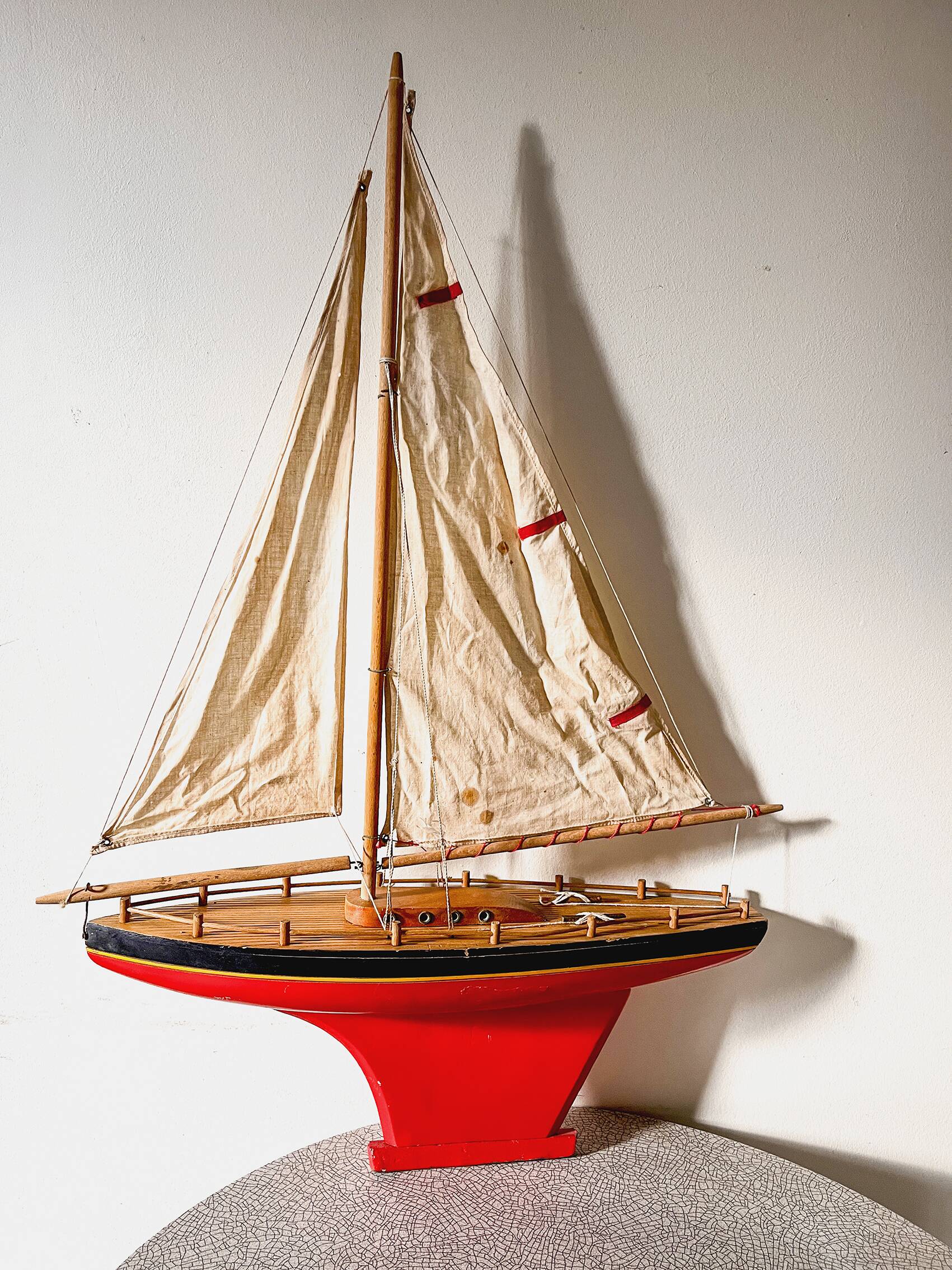 Large wooden basin sailing boat, brand Tirot, navigable antique toy.