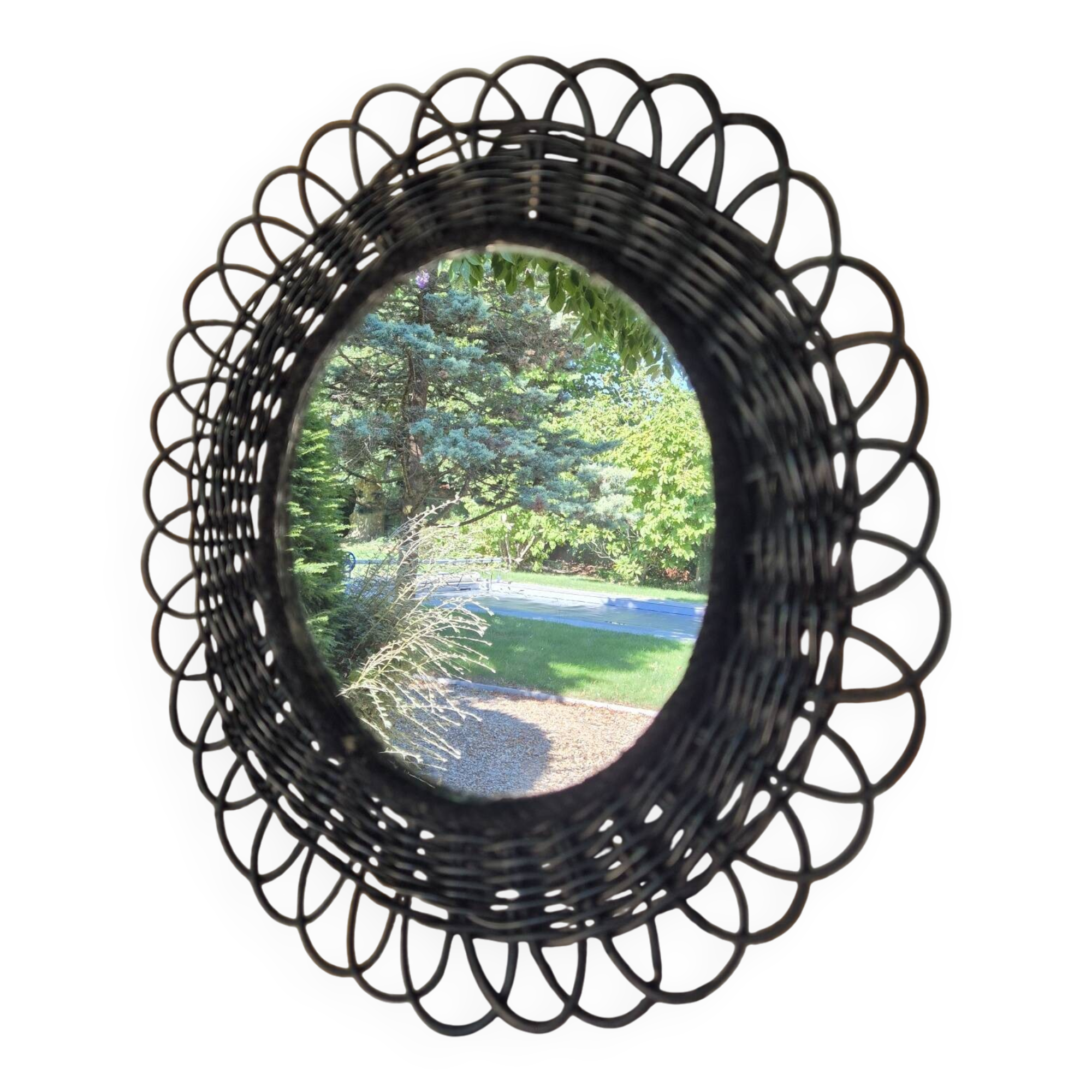 Vintage black rattan flower mirror