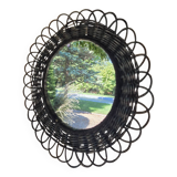 Vintage black rattan flower mirror