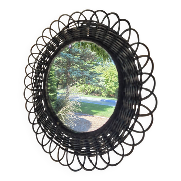 Miroir fleur en rotin noir vintage