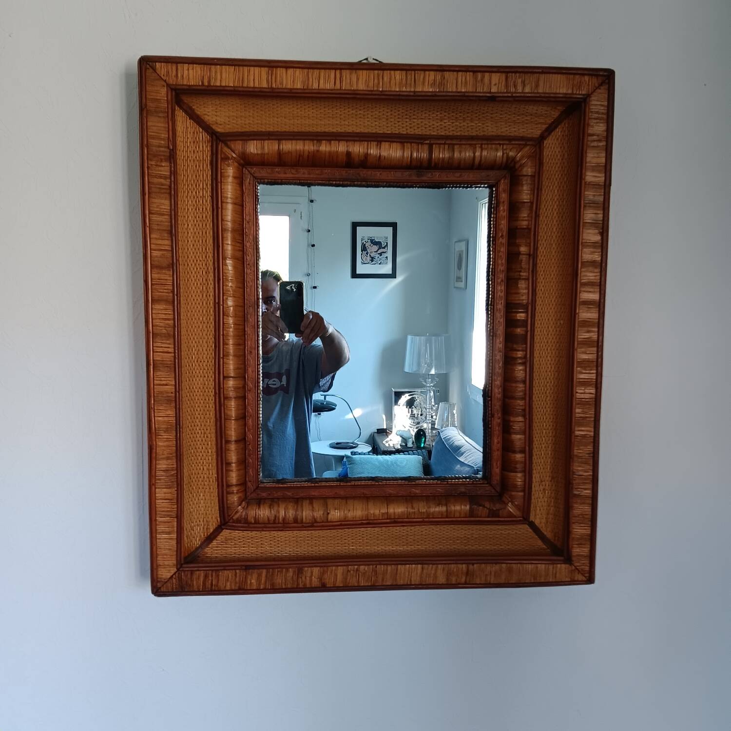 Wall mirror in rattan, wicker and wood