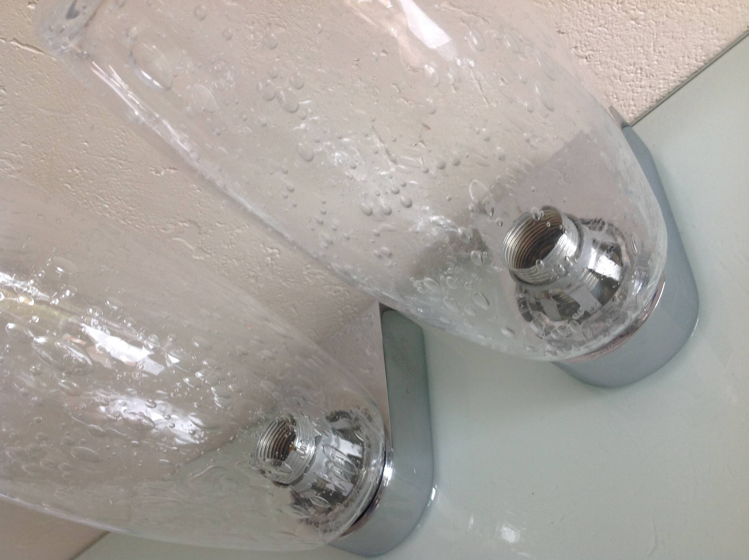Pair of vintage 1970s-80s glass and chrome wall lights with teardrop shapes
