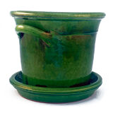 Cache pot en terre cuite émaillée verte vintage et sa soucoupe.