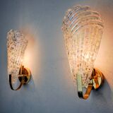 Pair of frosted leaf wall lights, Murano glass, Italy, 1970