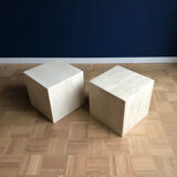 Mid-century modern travertine cube side end tables
