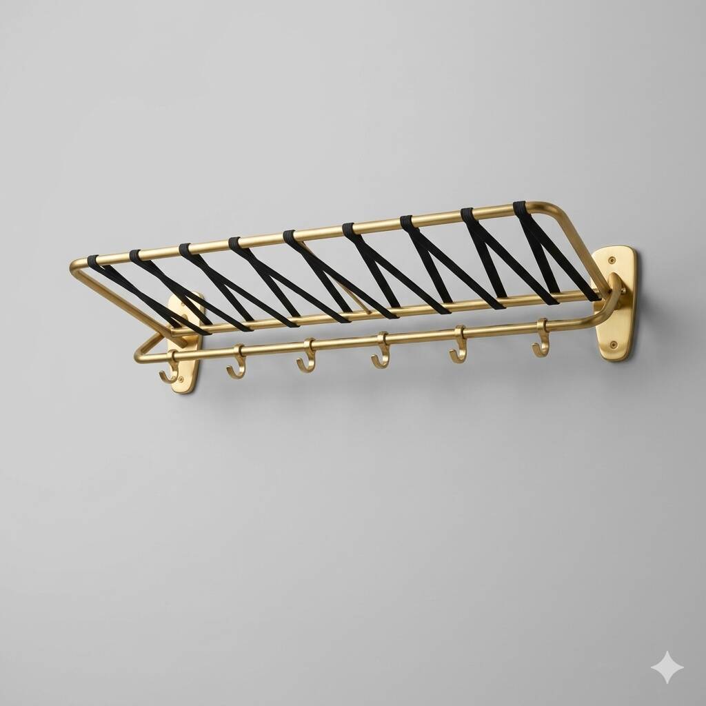 Coat rack, vintage 1950s-60s golden aluminium hats.