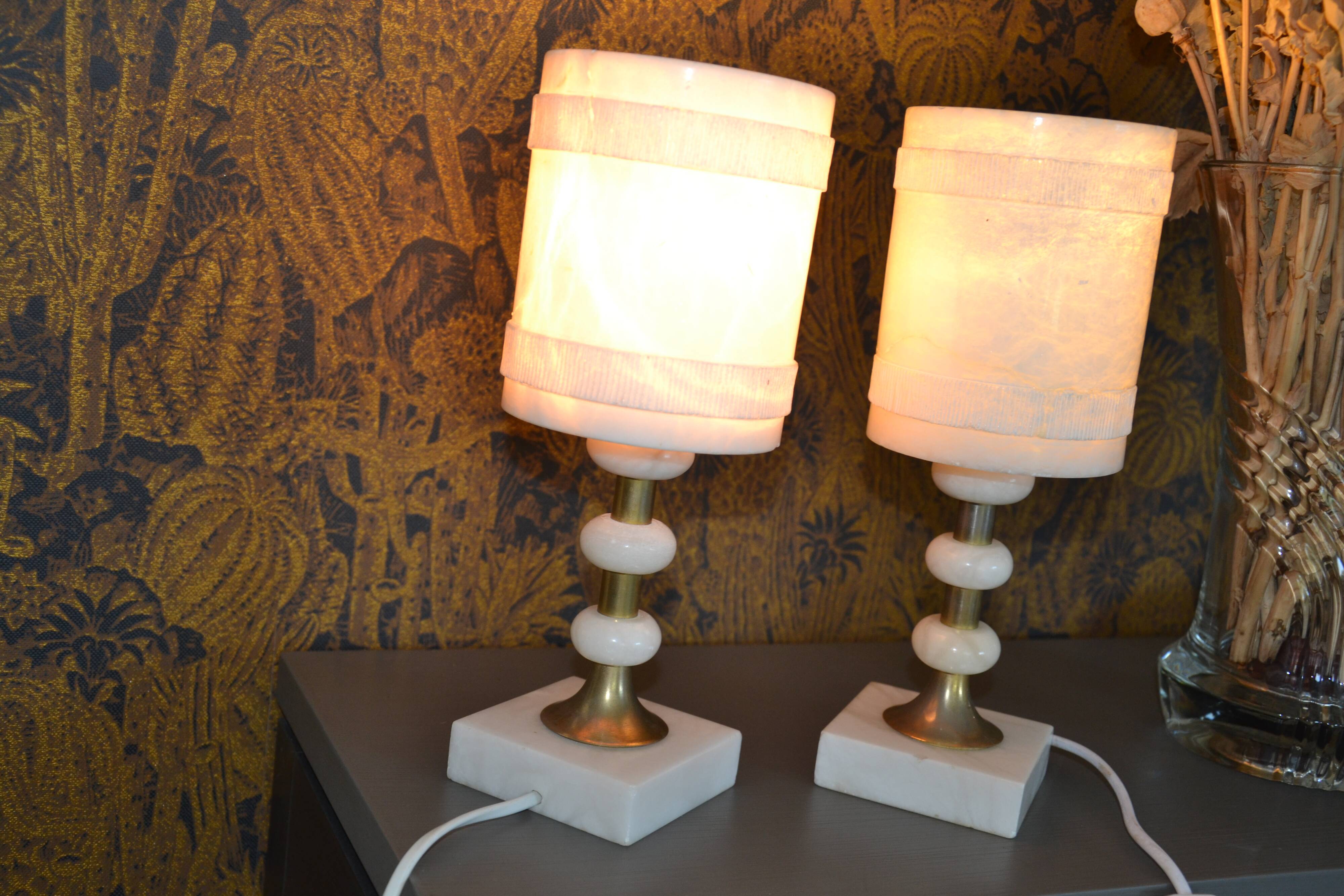 2 white alabaster and brass bedside lamps from the 60s
